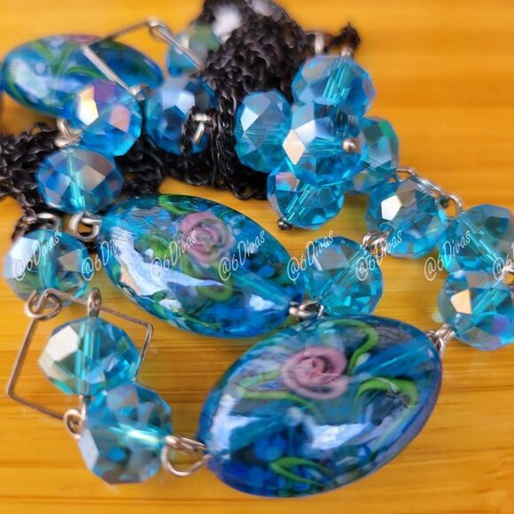 Long Blue Glass Bead Necklace - Picture 2 of 7